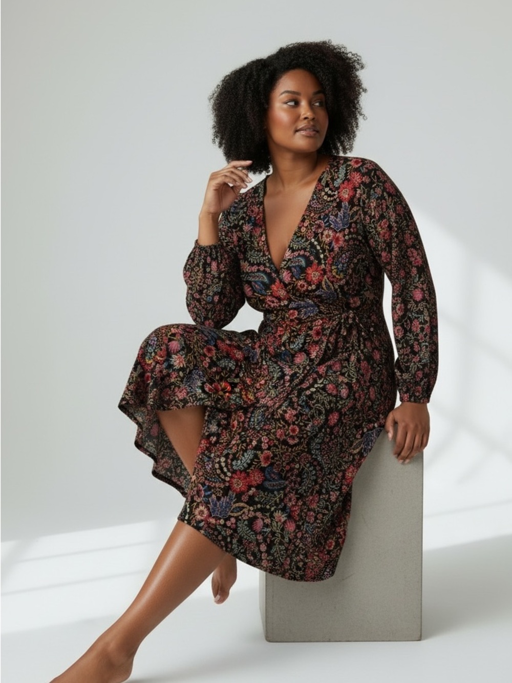 Forever 21 Black Floral Wrap Midi Dress with Pink & Blue Blooms
